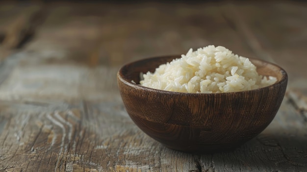 木製のテーブルの上にある鉢の中の白い米