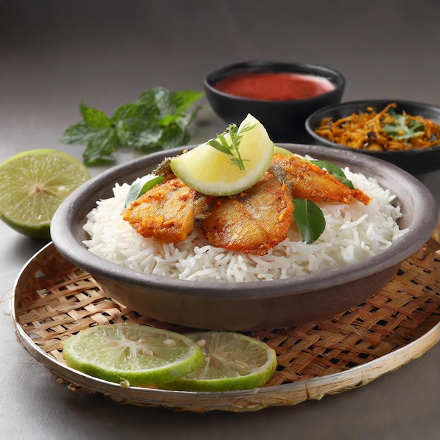 Белый рис, рыба, рыбка, индийская еда.