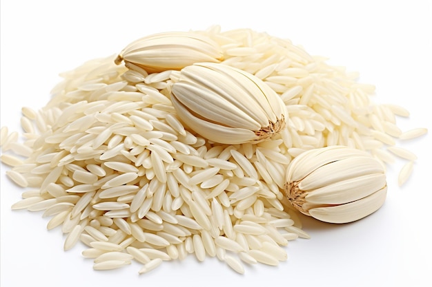 Белые зерна риса, выделенные на чисто белом фоне для пищи и приготовления пищи