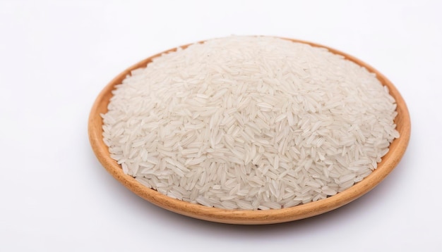 white Rice Oryza sativa edible starchy cereal grain on the white background