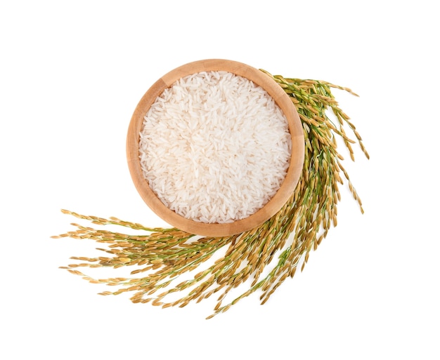 White rice (Thai Jasmine rice) in the wooden bowl and unmilled rice isolated