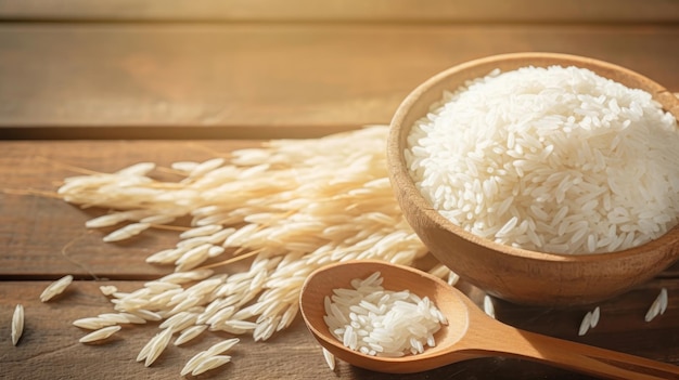 White rice and wheat on a wooden table with wooden spoon