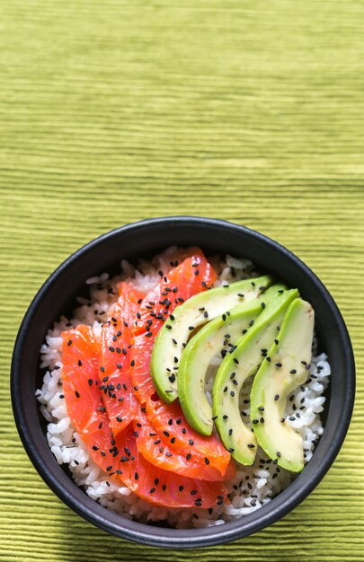 White rice with salmon and avocado