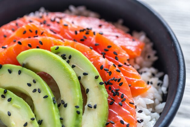 White rice with salmon and avocado