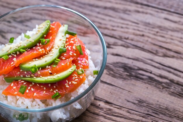 White rice with salmon and avocado