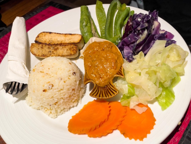 White rice with steamed vegetables and brown sauce. Healthy combo meal concept