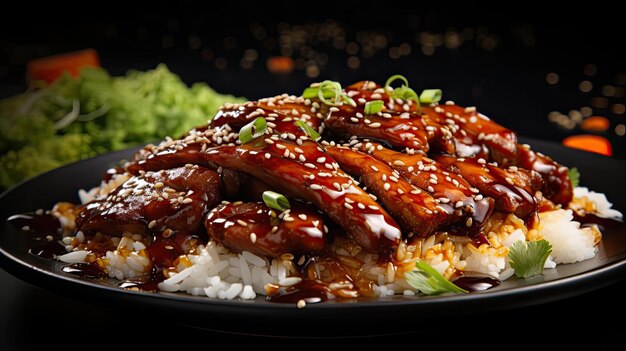 Photo white rice with teriyaki beef and cut vegetables on a plate with black and blurry background