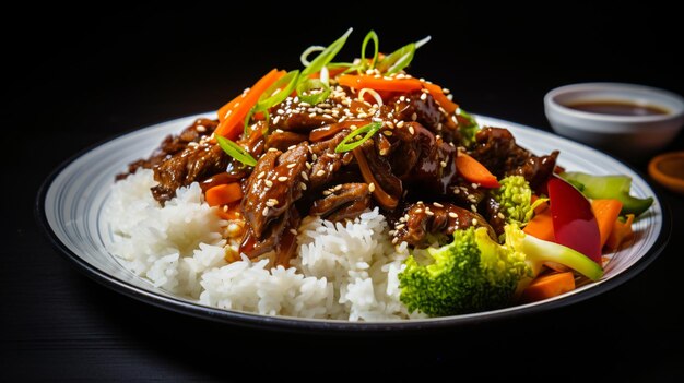 White rice with teriyaki beef and cut vegetables