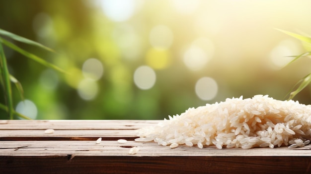 Photo white rice on a wooden background