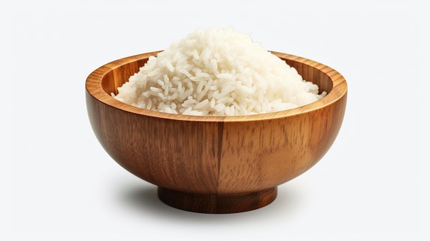 White rice in wooden bowl isolated on white background Clipping path