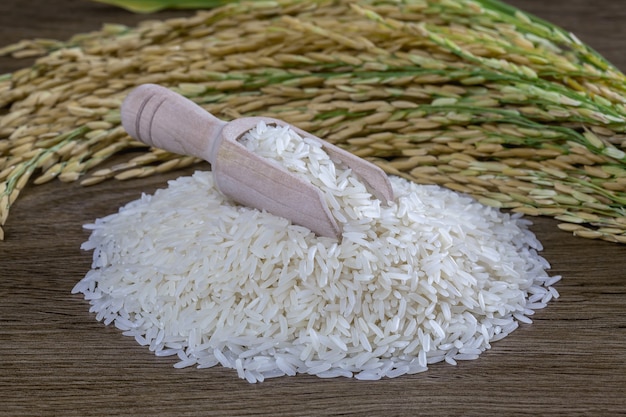 White rice on a wooden surface