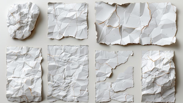 White ripped and crumpled notes and scraps isolated on gray background Blank paper pages pieces modern realistic illustration
