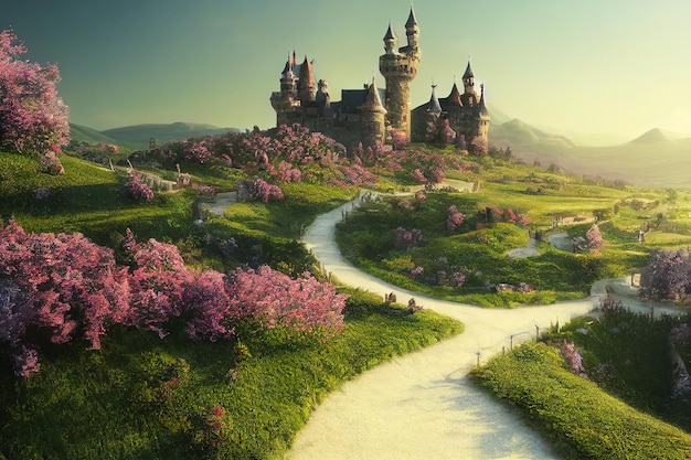 White road to the castle on the hill green lawns with small blooming flowers under a clear sky 3d illustration