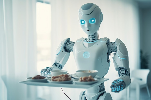 Белый робот несет еду на подносе с генеративным искусственным интеллектом