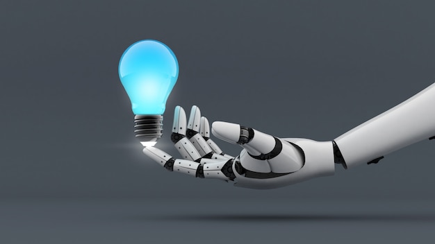 白いロボットの手が電球に力を与える、創造的な3dレンダリングのための技術アシスタント