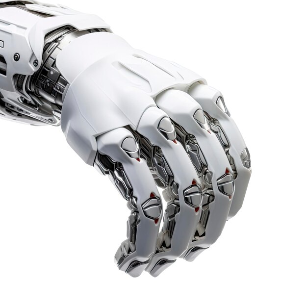 A white robot hand with red dots on its fingers