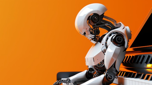 白いロボットがオレンジ色の背景の前で黒いグランドピアノを弾いています