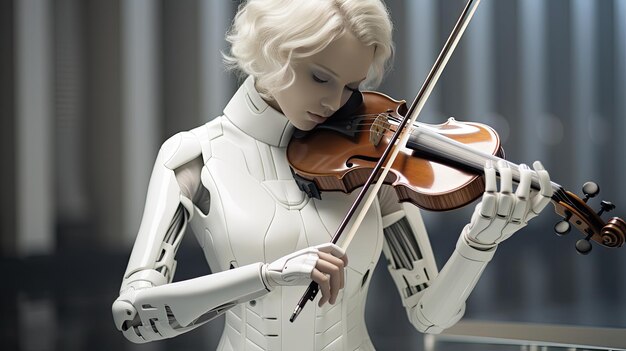 White robot playing the cello Harmony between music and artificial intelligence