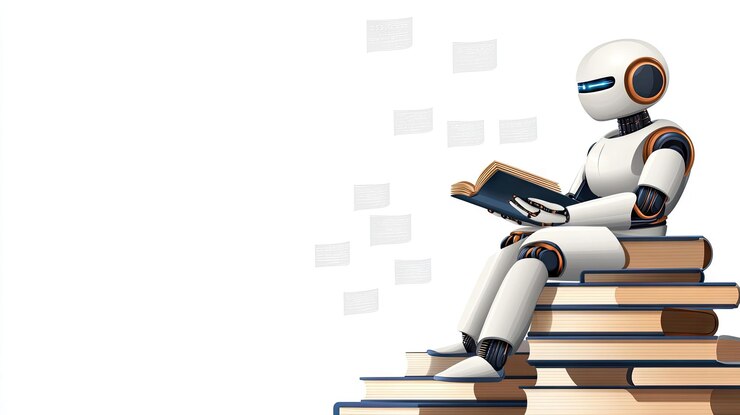 Photo a white robot reads books while exploring ai writing concepts in a minimalist illustration against a light gray background