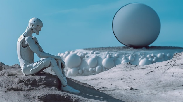 A white robot sitting on a rock in front of a group of white spheres Generative AI Art