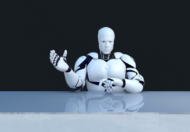 Foto tecnologia robotica bianca che sta spiegando qualcosa