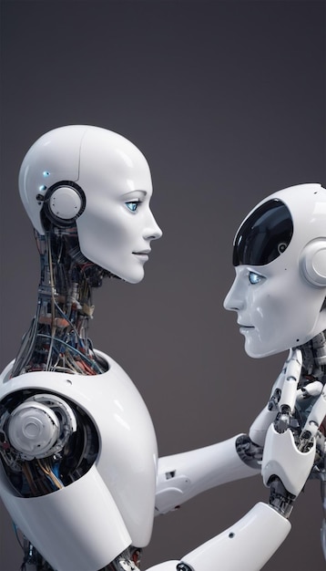 белый робот с искусственным интеллектом разговаривает с человеком