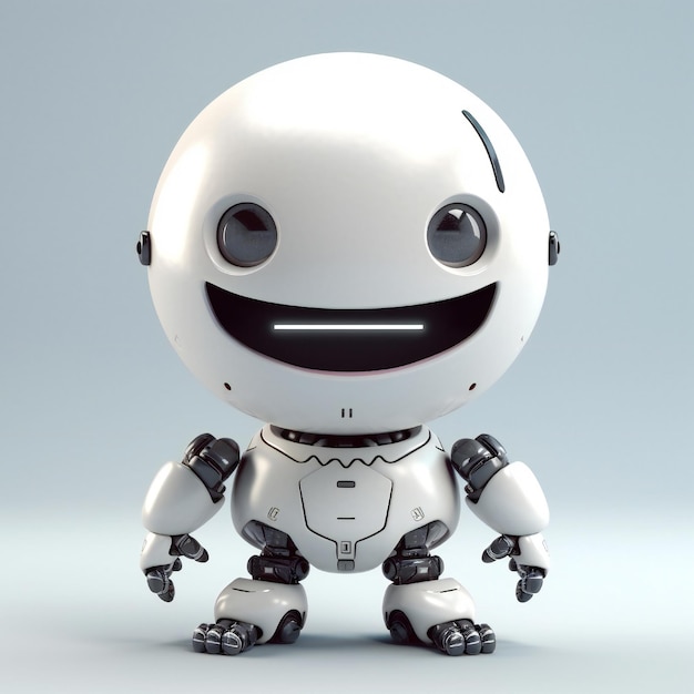 A white robot with a big smile is sitting on a gray background.