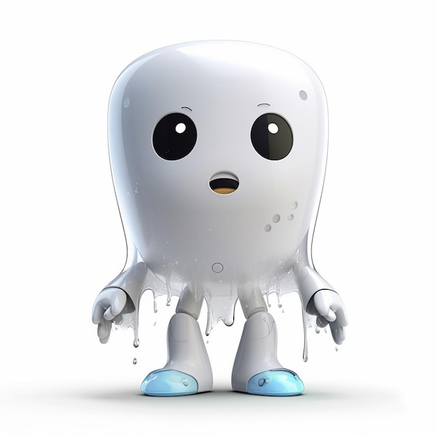 A white robot with black eyes and a black nose is standing in front of a white background.