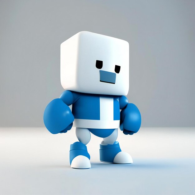 a white robot with blue body and white chest stands on a white surface.