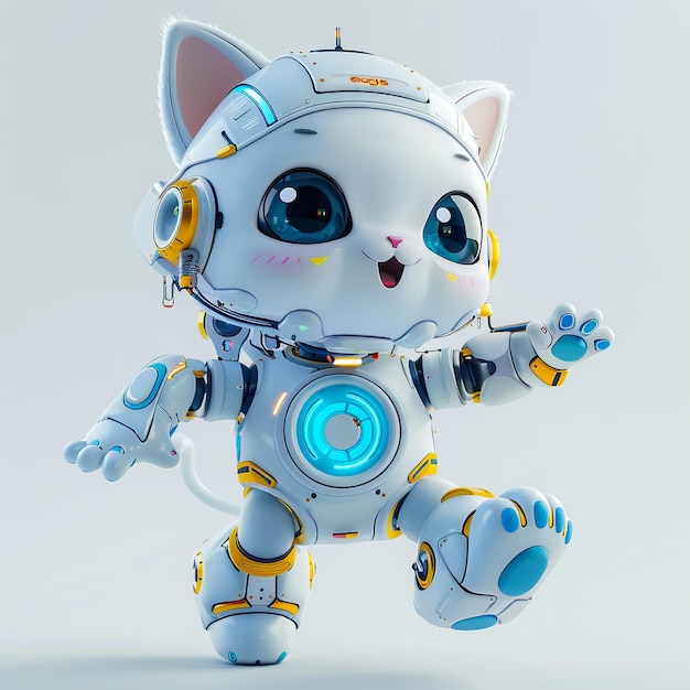 a white robot with a blue eyes and a blue eyes