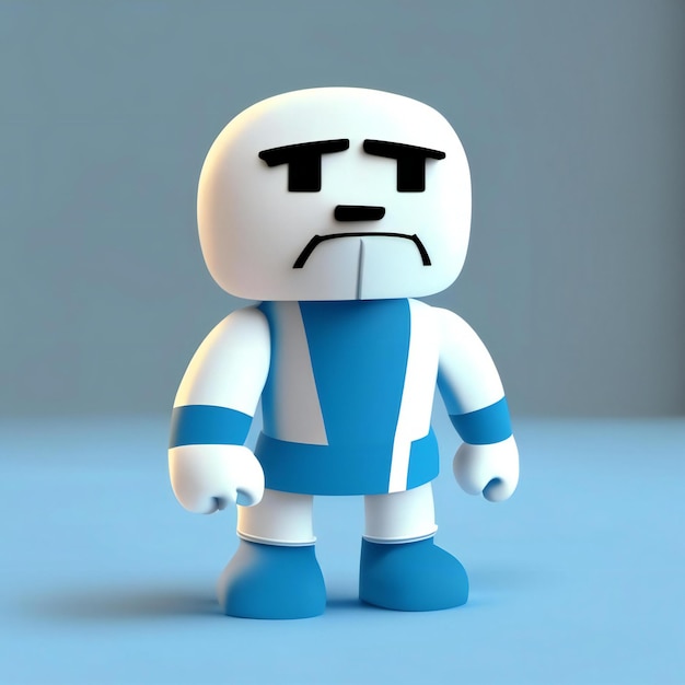 a white robot with a blue and white shirt on it