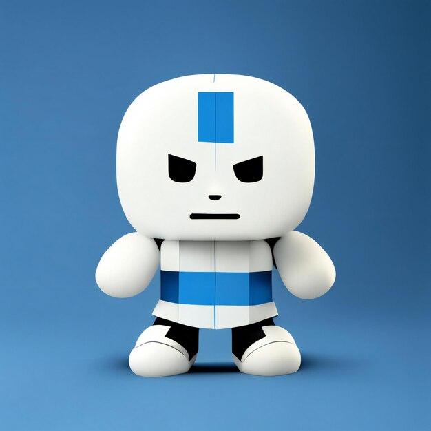 a white robot with a blue and white shirt on it