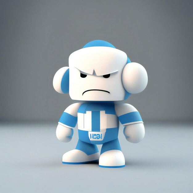 a white robot with a blue and white shirt that says'i'm a'on it