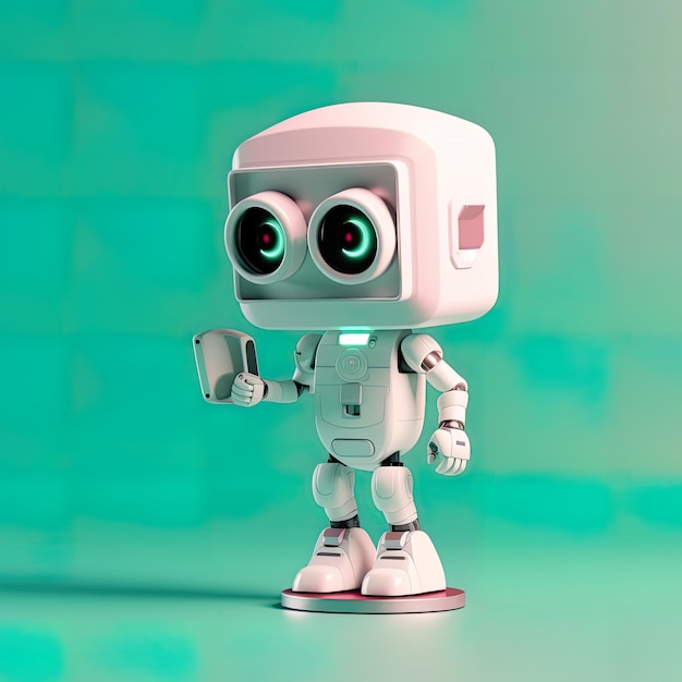 A white robot with green eyes standing on a green surface AI generative image