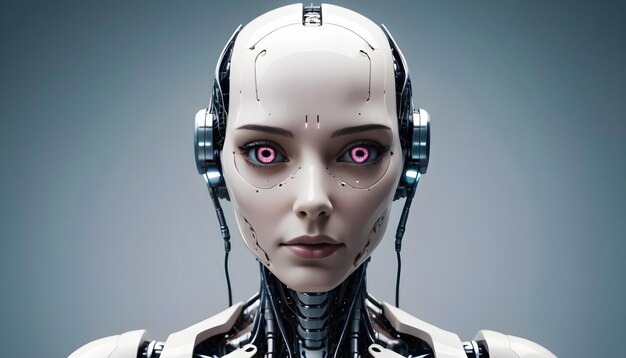 紫色の目を持つ白いロボット女性人工知能コンセプト