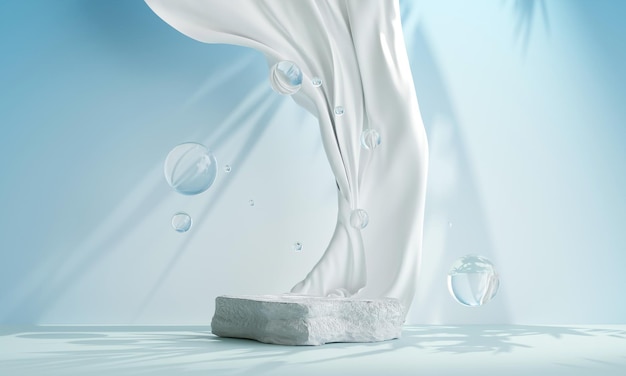 White rock podium with bubbles floating for product presentation relaxation and health 3d illustration