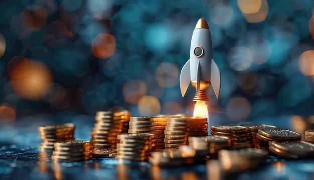 Photo a white rocket is flying through a pile of gold coins by ai generated image