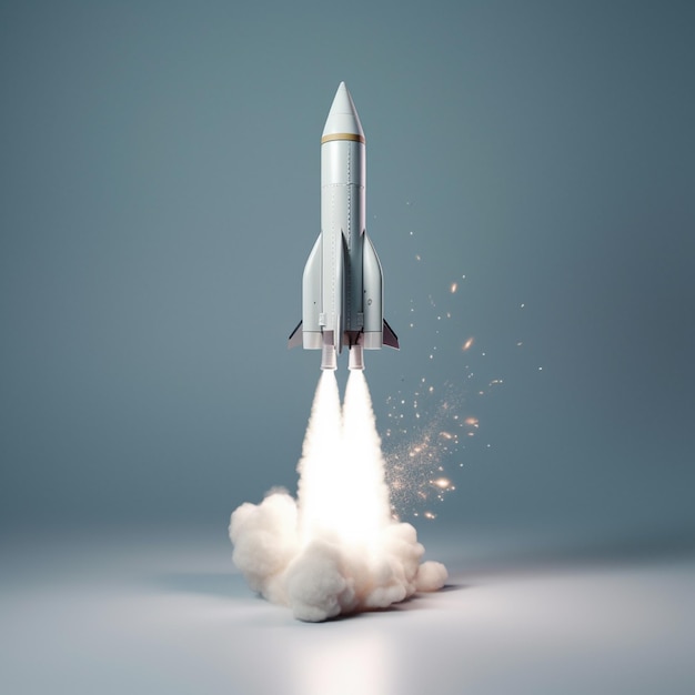 A white rocket with a gold tip is flying up.