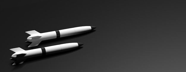 Foto razzi bianchi missili isolati su sfondo nero banner 3d'illustrazione