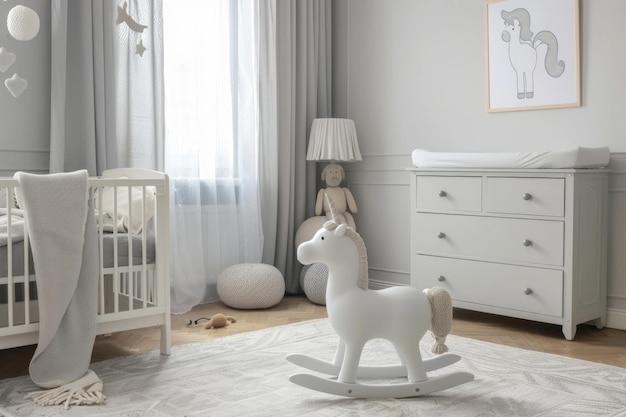 Фото white rocking horse on rug in grey babys bedroom interior with poster above cabinet real photo