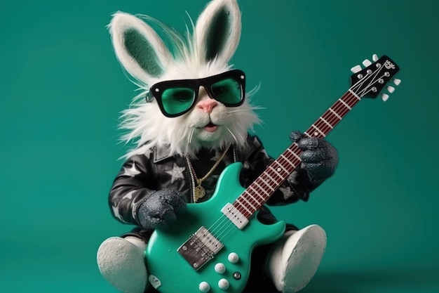 写真 緑の背景に彼の緑のエレク トリック ギター instudio を演奏床に座って革のジャケットとサングラスをかけた白いロッキング ウサギ