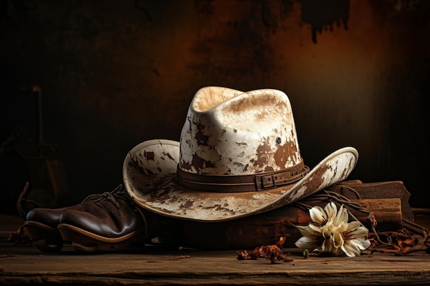 White rodeo hat lasso boots on distressed barn wood