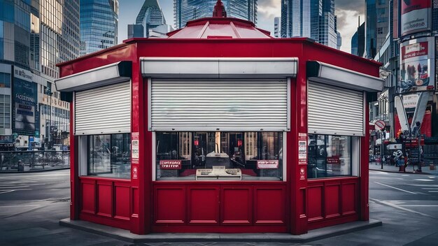 White roller shutters at a red kiosk