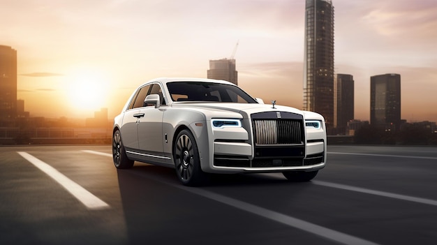 A white rolls royce is driving on a road with a city in the background.