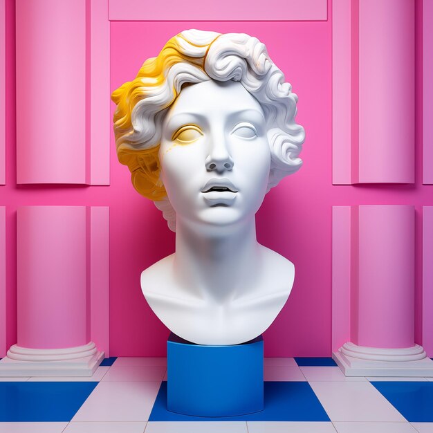 Photo white roman statue with yellow hair in pink and blue room