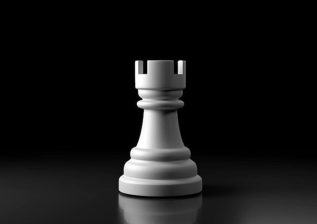 검은 배경에 서있는 흰색 루크 체스 체스 게임 입상 3D 렌더링 그림