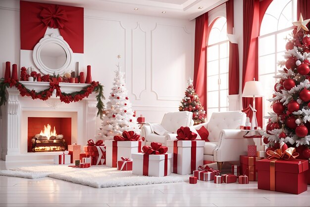 White room interior in red tones with new year tree decorated present boxes and artificial fireplace