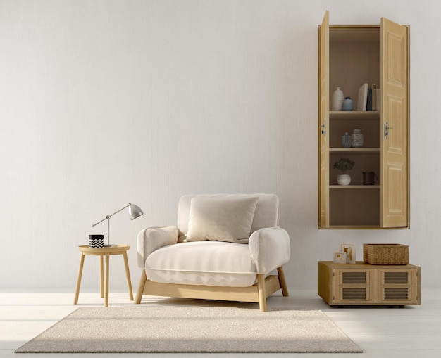 Интерьер белой комнаты с деревянным креслом и столом