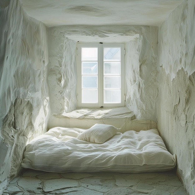 写真 ベッドと窓のある白い部屋