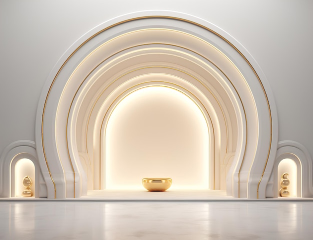 Фото Белая комната с арочной дверью и золотыми арочными огнями в стиле макета